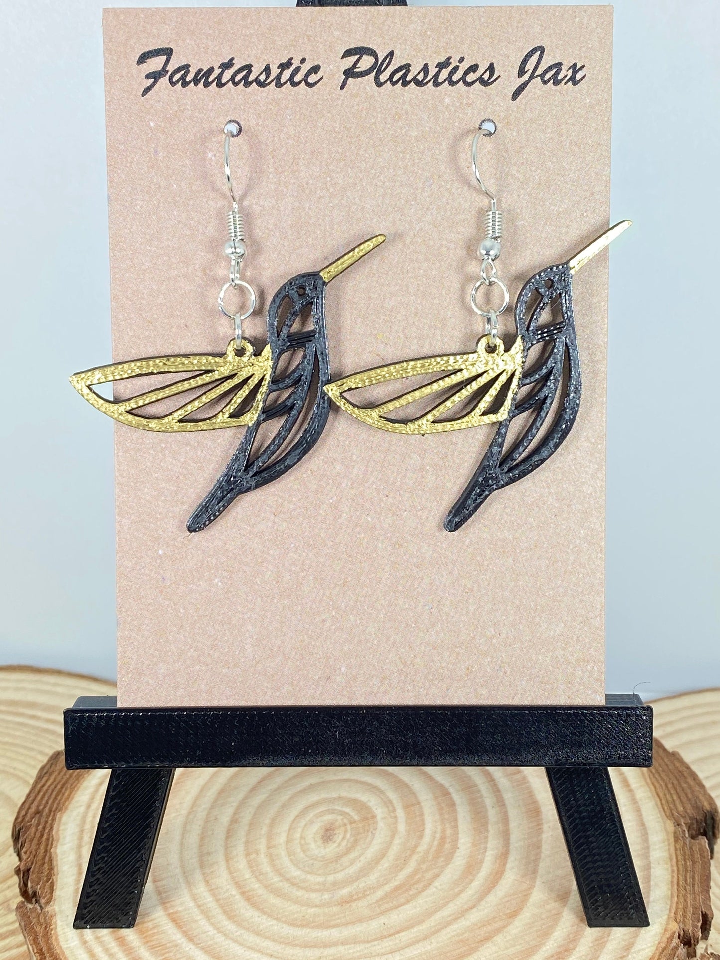 3D Printed Humming Bird Earrings with Gold accent