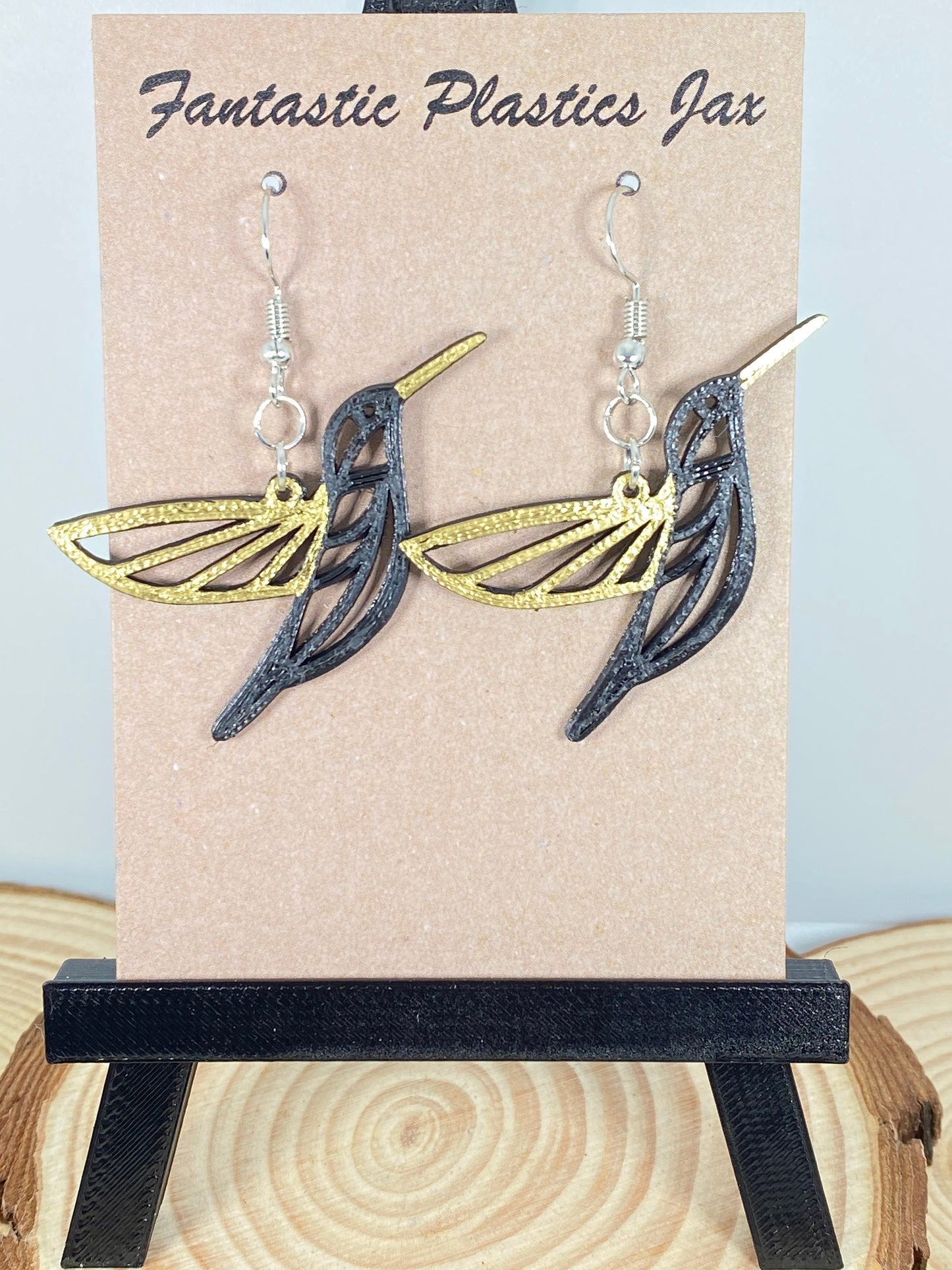 3D Printed Humming Bird Earrings with Gold accent