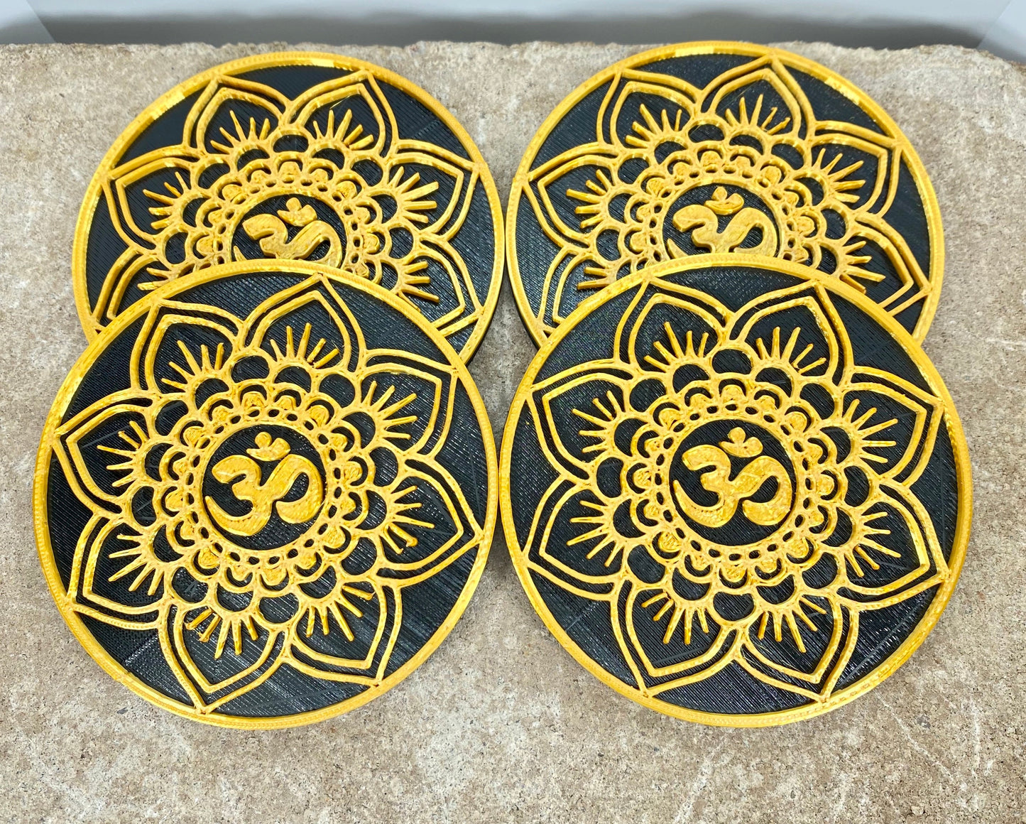 3D Printed Mandala OM Drink Coaster/Set of 4 with Free Holder/Customizable in 15+ Color Options