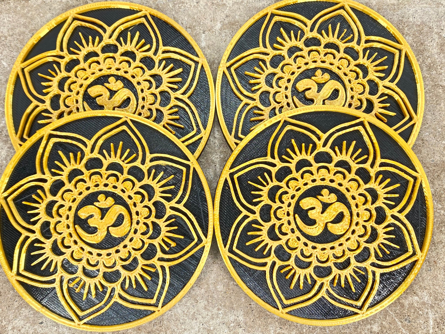 3D Printed Mandala OM Drink Coaster/Set of 4 with Free Holder/Customizable in 15+ Color Options