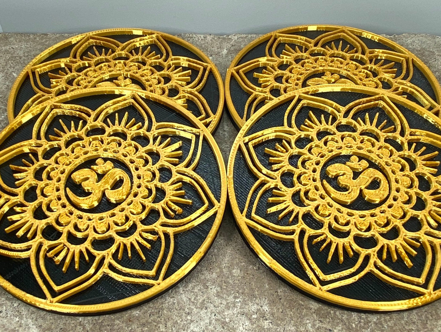 3D Printed Mandala OM Drink Coaster/Set of 4 with Free Holder/Customizable in 15+ Color Options