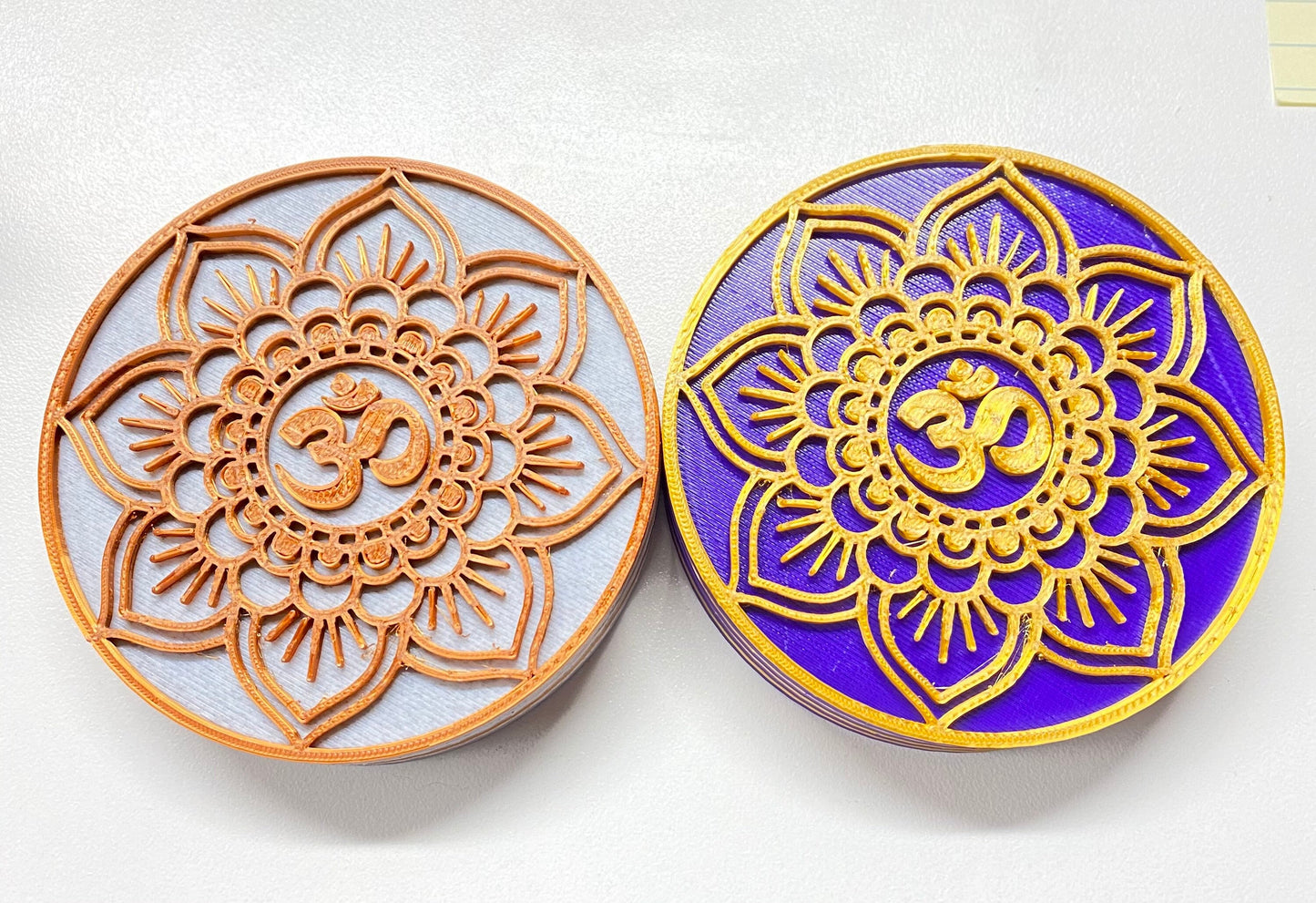 3D Printed Mandala OM Drink Coaster/Set of 4 with Free Holder/Customizable in 15+ Color Options