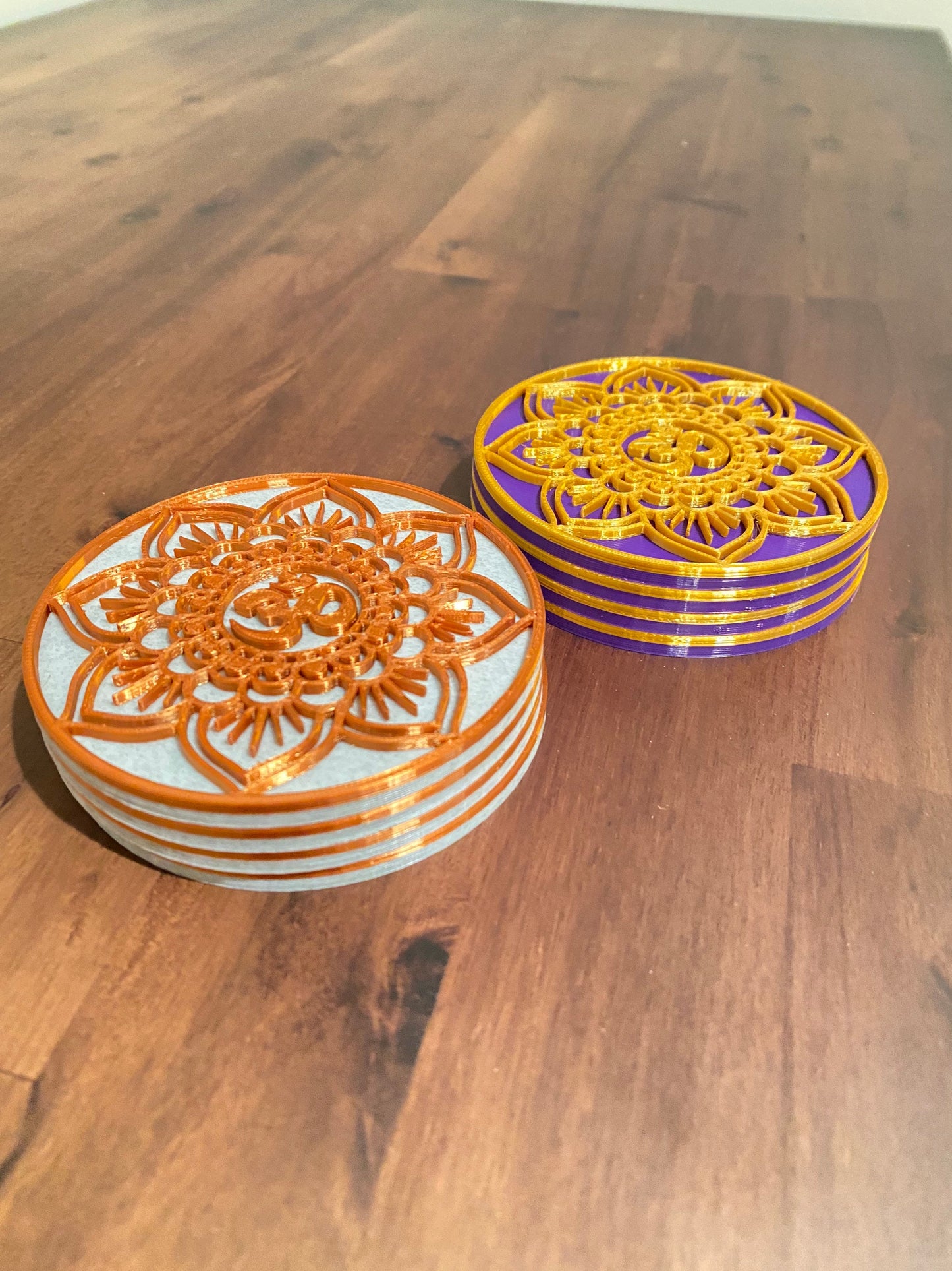 3D Printed Mandala OM Drink Coaster/Set of 4 with Free Holder/Customizable in 15+ Color Options