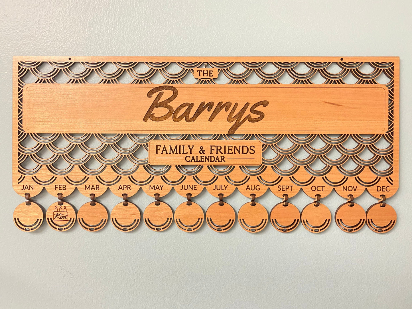 Family And Friends Hanging Wall Calendar with 12 FREE Pendants Laser Cut and Engraved/Gift for Husband, Wife, Spouse Family/Personalized