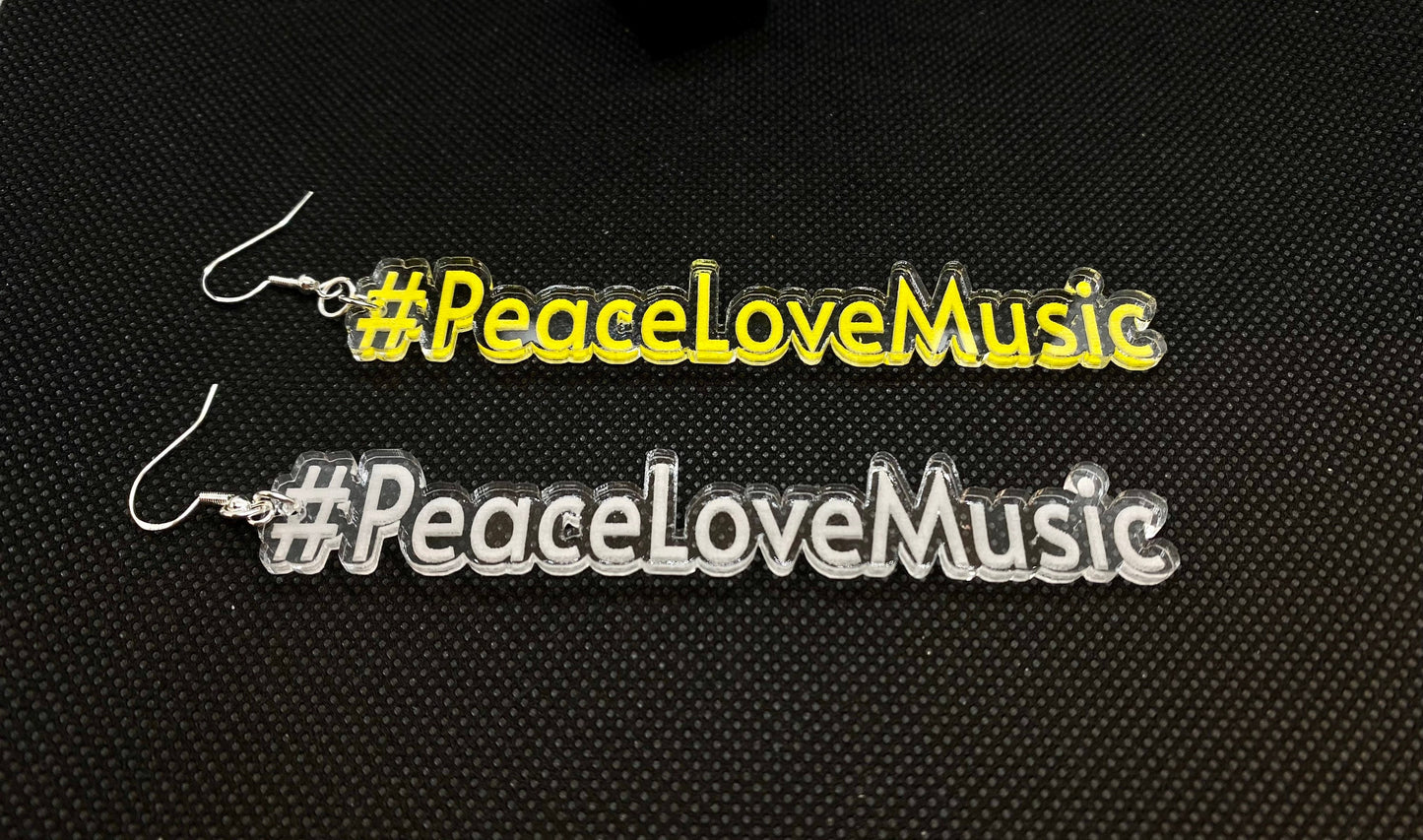 Peace Love Music Acrylic Laser Cut & Engraved Earring set/Clear AcrylicEarrings available with 21 hand painted colors/Glowforge