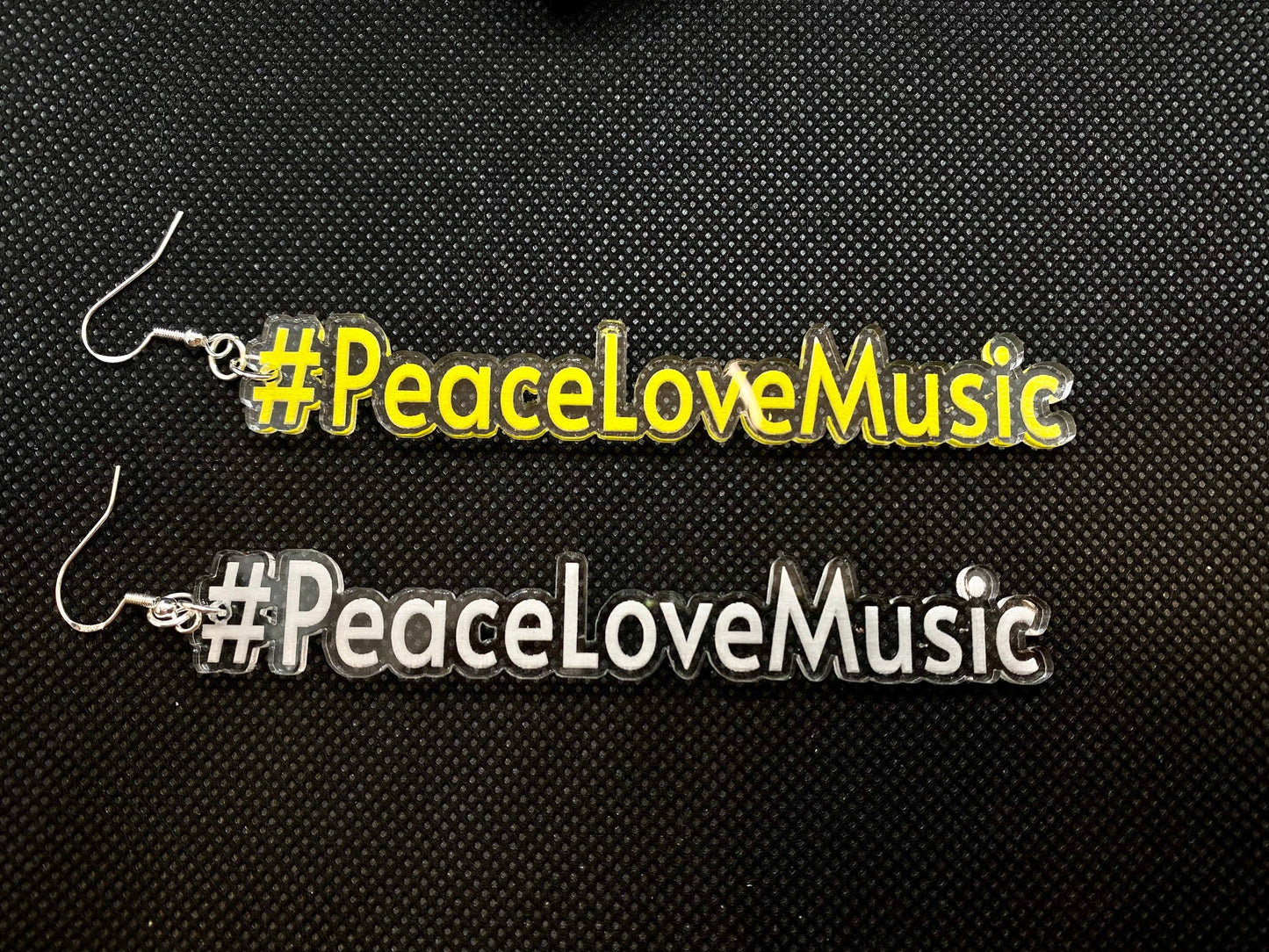 Peace Love Music Acrylic Laser Cut & Engraved Earring set/Clear AcrylicEarrings available with 21 hand painted colors/Glowforge