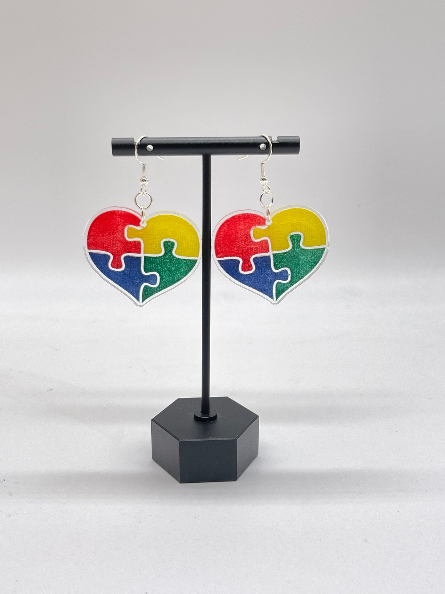 Autism Awareness Puzzle Piece Heart Earrings Laser Cut & Engraved/Clear Acrylic Earrings Hand Painted/Glowforge