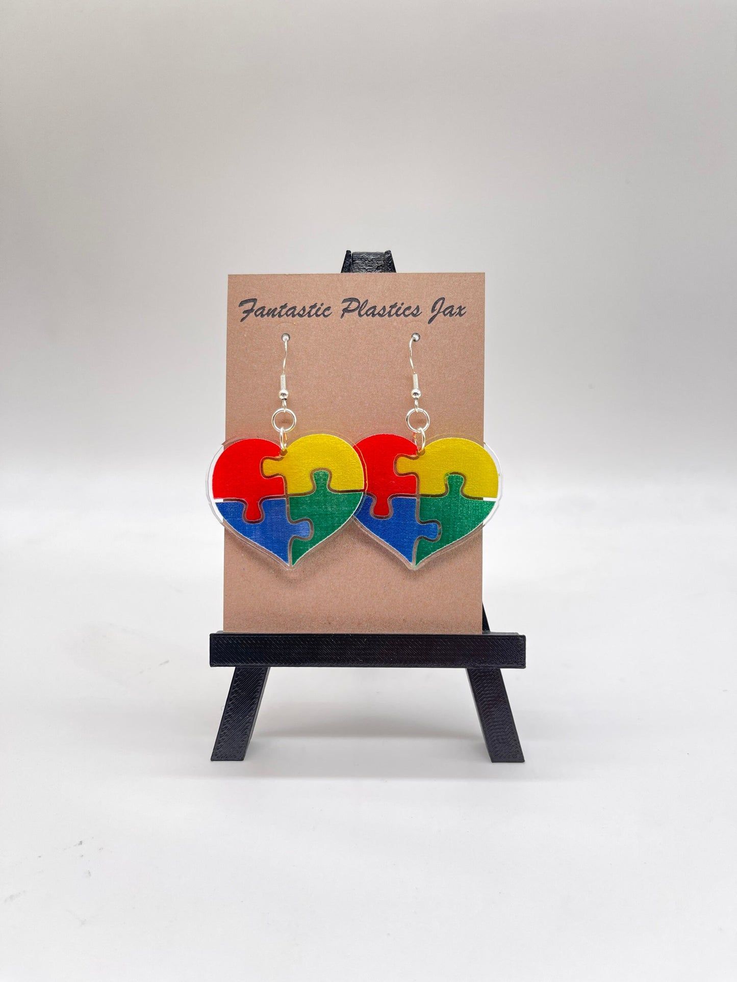 Autism Awareness Puzzle Piece Heart Earrings Laser Cut & Engraved/Clear Acrylic Earrings Hand Painted/Glowforge