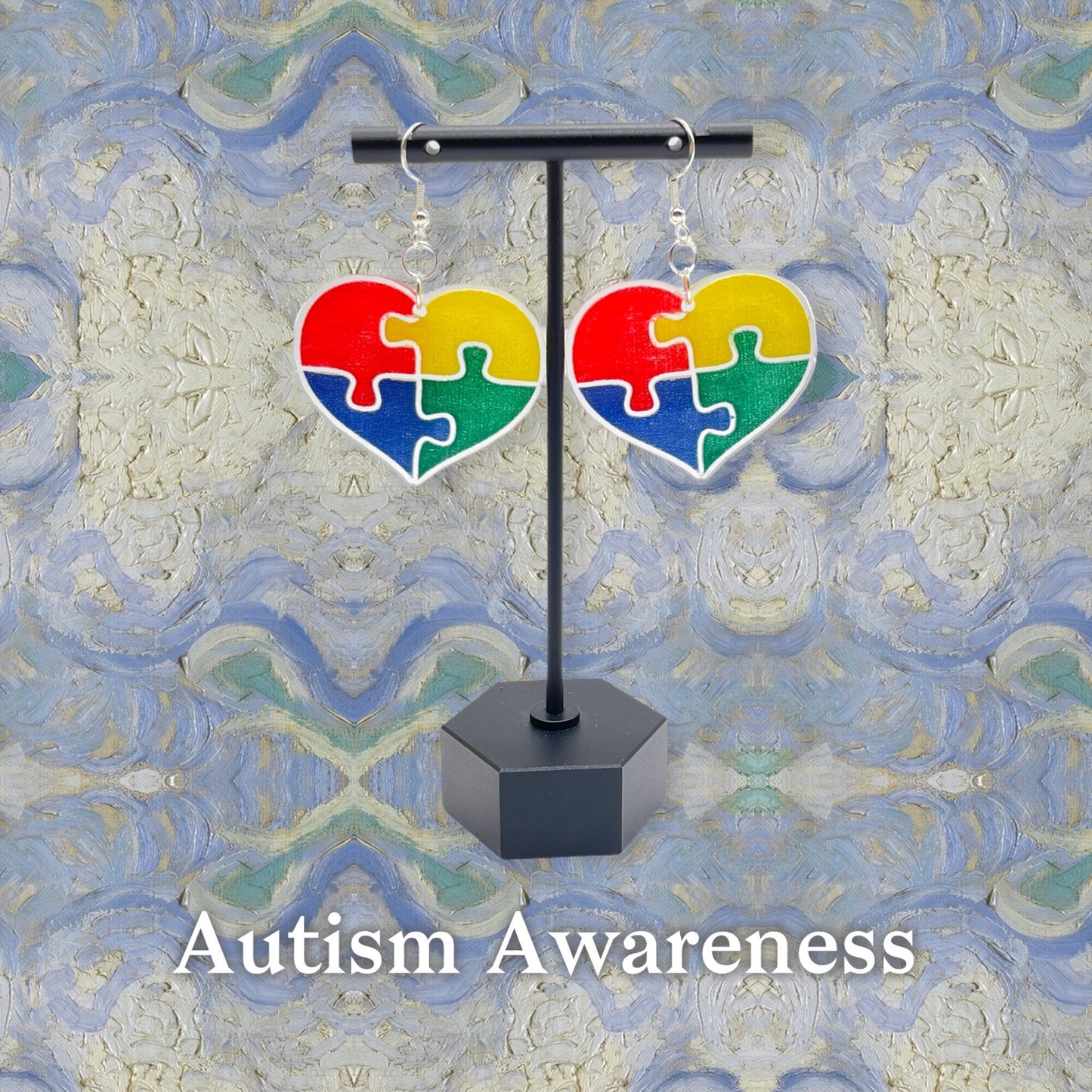 Autism Awareness Puzzle Piece Heart Earrings Laser Cut & Engraved/Clear Acrylic Earrings Hand Painted/Glowforge