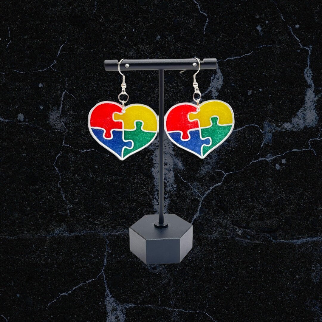 Autism Awareness Puzzle Piece Heart Earrings Laser Cut & Engraved/Clear Acrylic Earrings Hand Painted/Glowforge