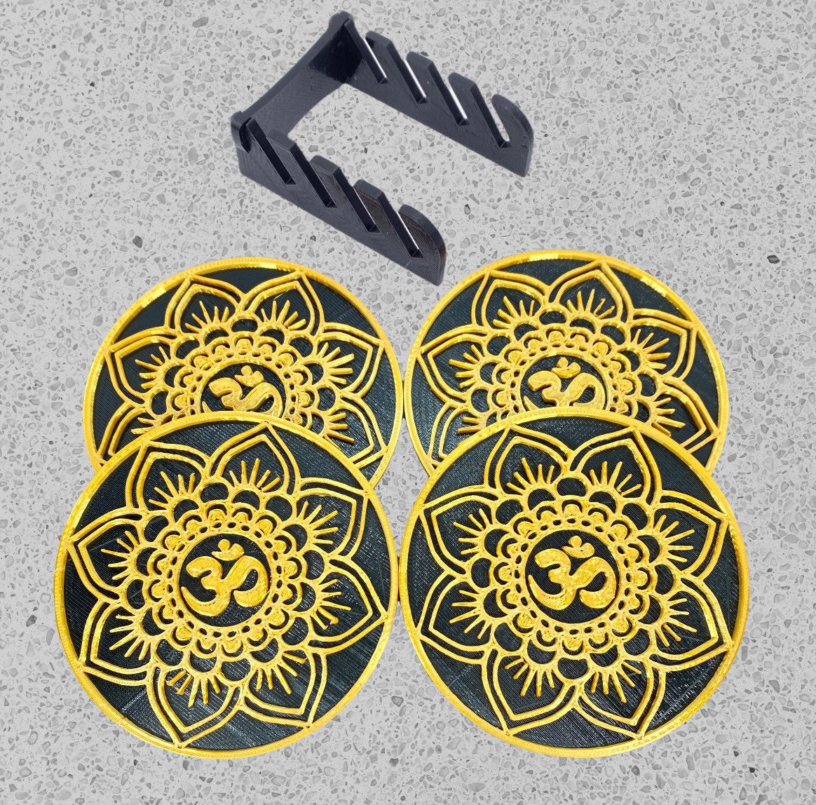 3D Printed Mandala OM Drink Coaster/Set of 4 with Free Holder/Customizable in 15+ Color Options
