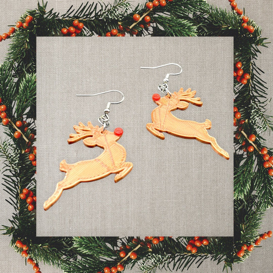 3D Printed Rudolph The Red Nose Reindeer Earrings/Custom Dual layer Colors/Christmas Earrings /Holiday Earrings