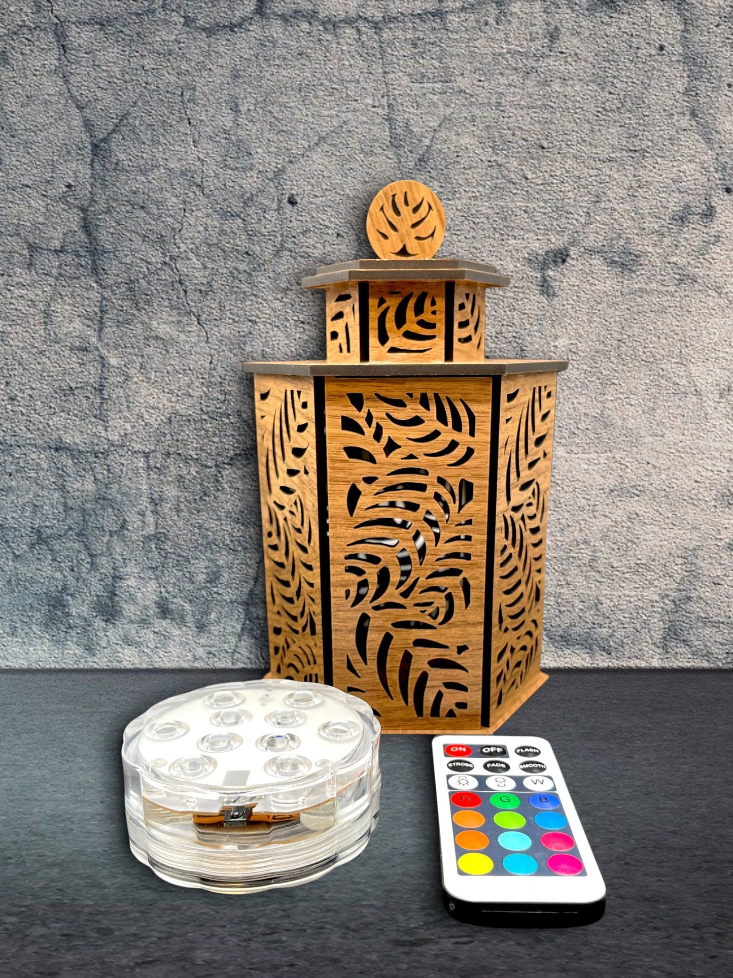 Wooden Tea-light Lantern with Tropical Leaves and Door/optional LED Pod & Remote/Perfect Gift for Wedding/Custom Wood Candle Holder