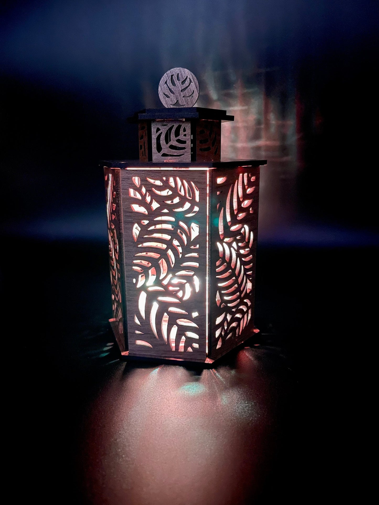 Wooden Tea-light Lantern with Tropical Leaves and Door/optional LED Pod & Remote/Perfect Gift for Wedding/Custom Wood Candle Holder