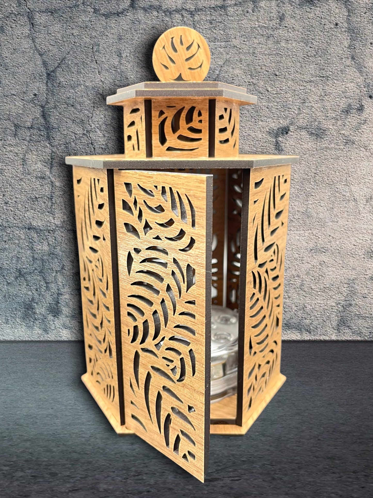 Wooden Tea-light Lantern with Tropical Leaves and Door/optional LED Pod & Remote/Perfect Gift for Wedding/Custom Wood Candle Holder