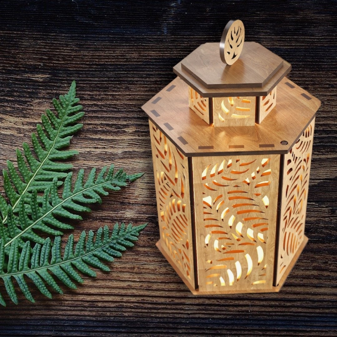 Wooden Tea-light Lantern with Tropical Leaves and Door/optional LED Pod & Remote/Perfect Gift for Wedding/Custom Wood Candle Holder