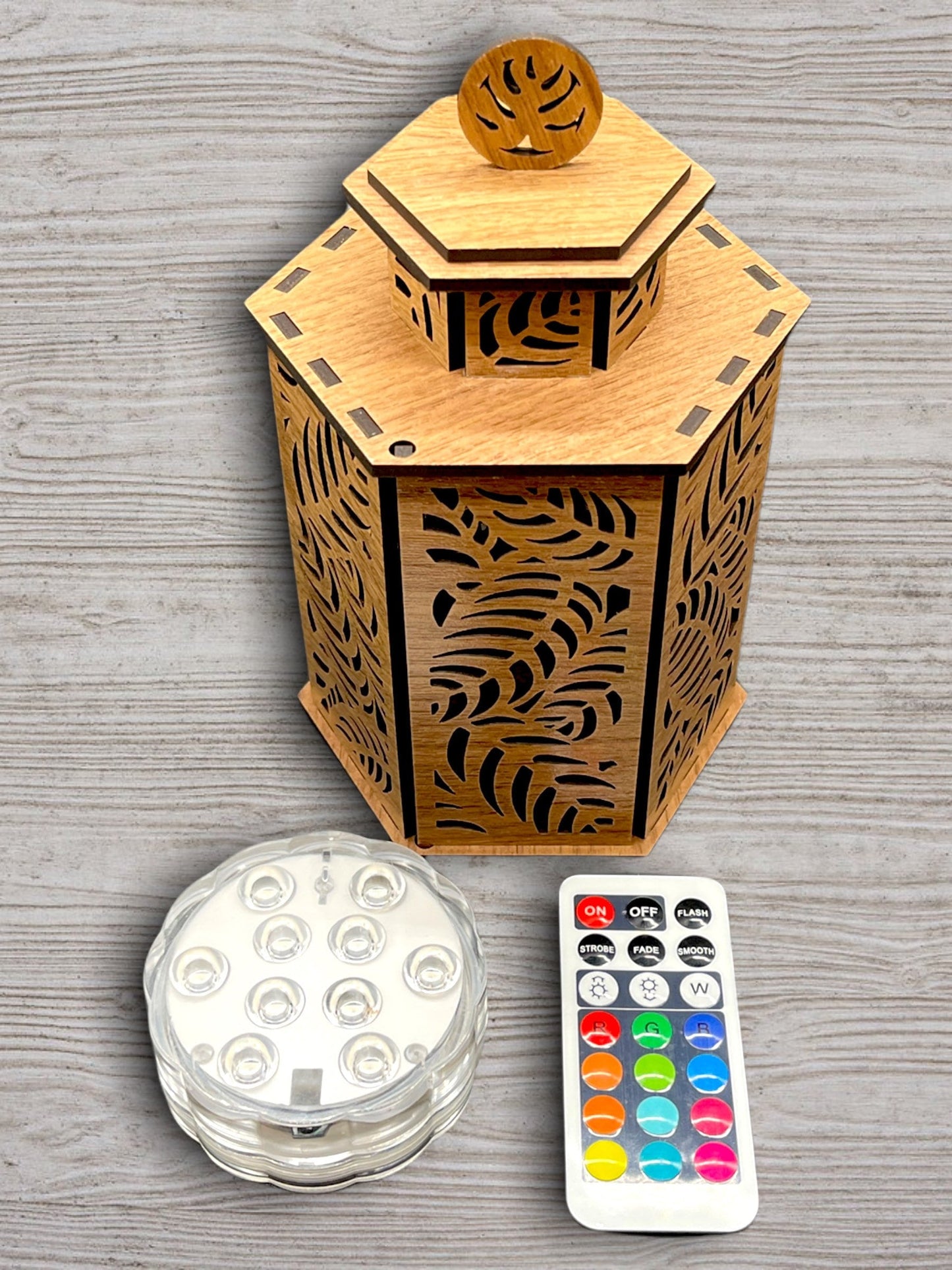Wooden Tea-light Lantern with Tropical Leaves and Door/optional LED Pod & Remote/Perfect Gift for Wedding/Custom Wood Candle Holder