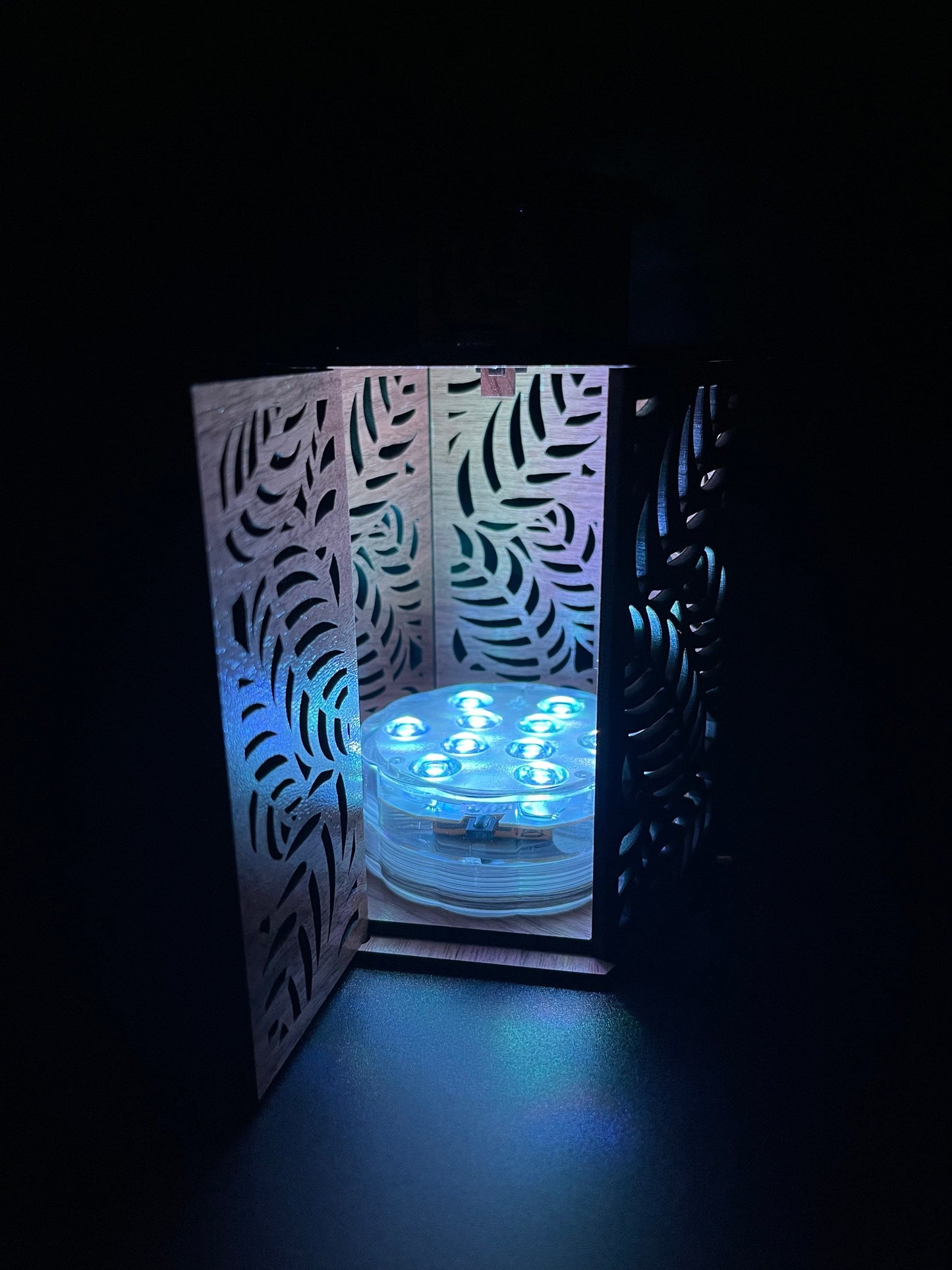 Wooden Tea-light Lantern with Tropical Leaves and Door/optional LED Pod & Remote/Perfect Gift for Wedding/Custom Wood Candle Holder