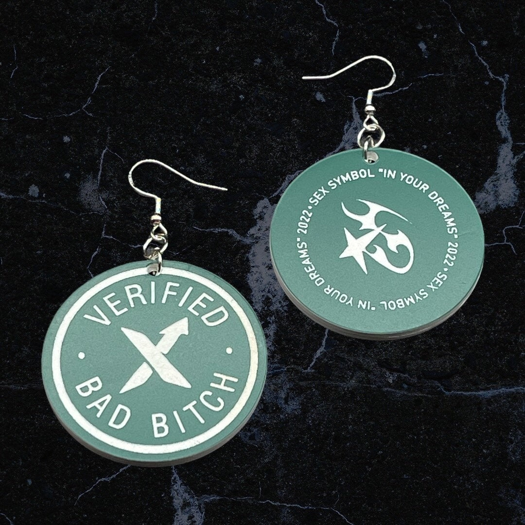 Verified Bad Bitch Sex Symbol Laser Cut and Engraved out of Dual Color Acrylic/In Your Dreams 2022/Double Sided Acrylic Earrings