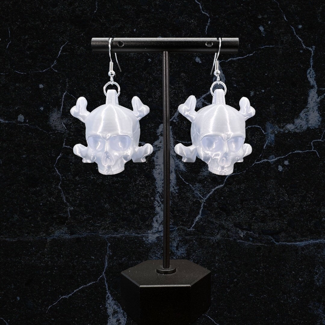 3D Printed Skull and Crossbones Earrings/Super Lightweight/Custom Color/Halloween accessory available in Fluorescent colors