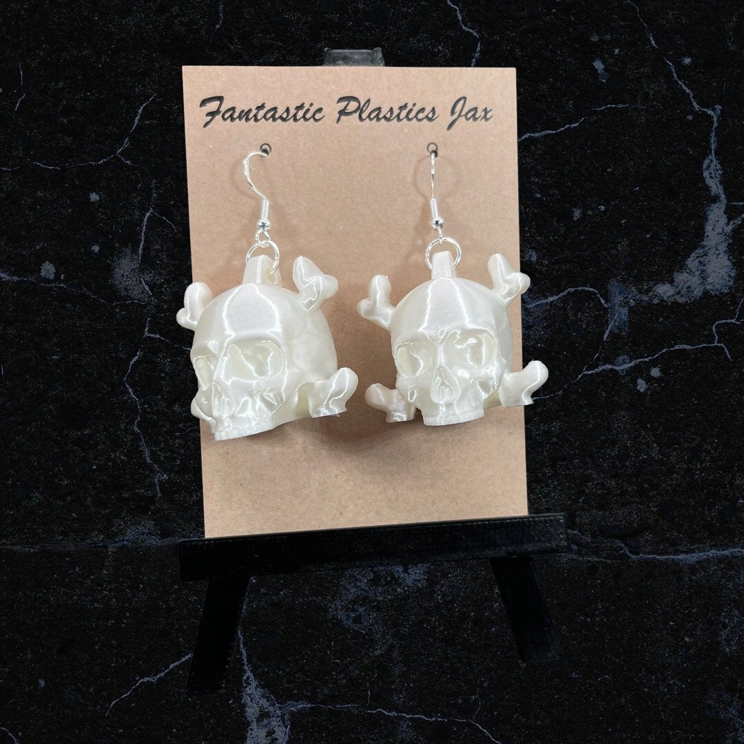 3D Printed Skull and Crossbones Earrings/Super Lightweight/Custom Color/Halloween accessory available in Fluorescent colors