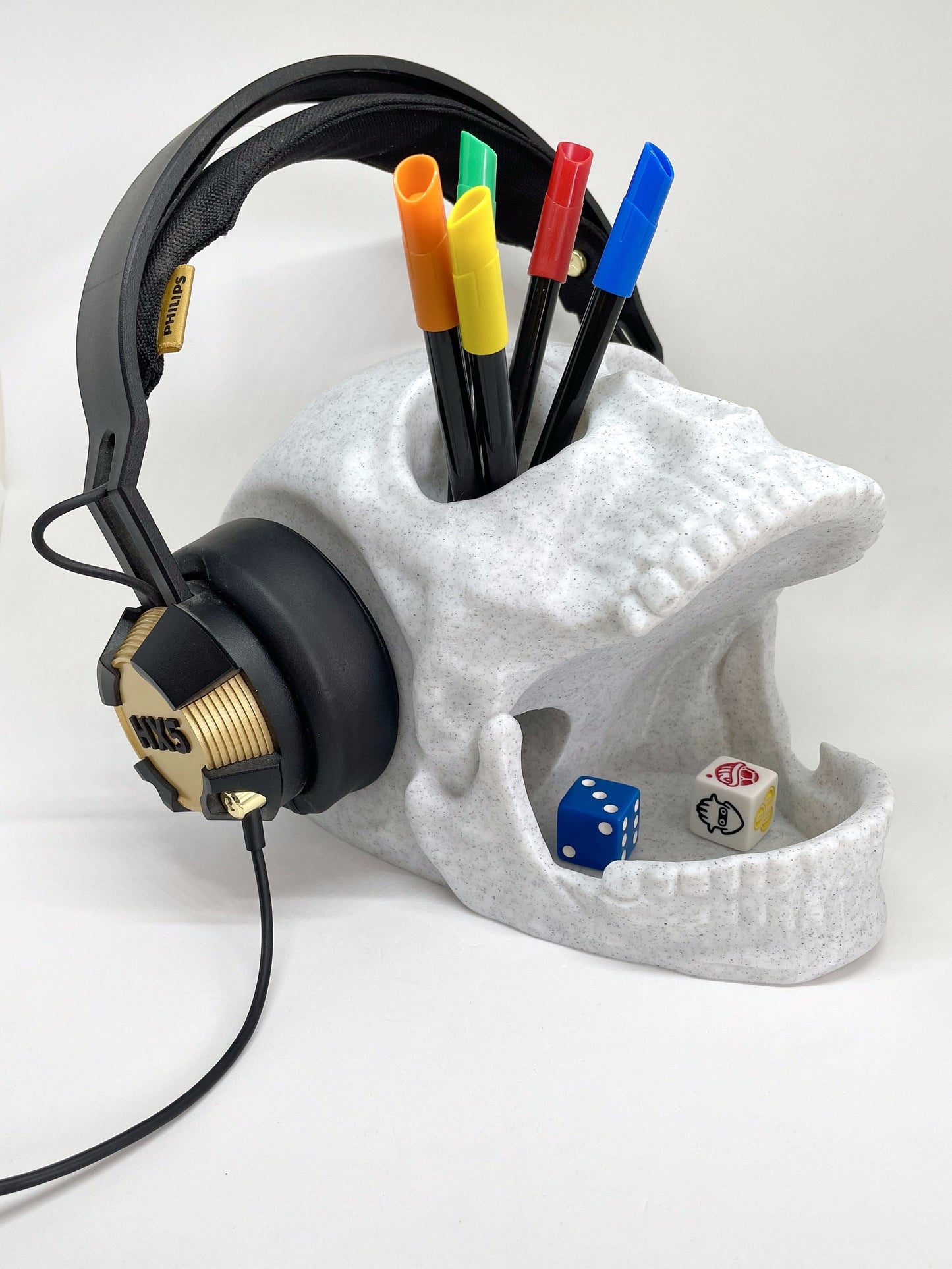 Multi Purpose 3D Printed Skull Holder/Custom Color/Great Gift for a Gamer /Headphone holder, Pen Holder, Dice Tower, Controller Holder