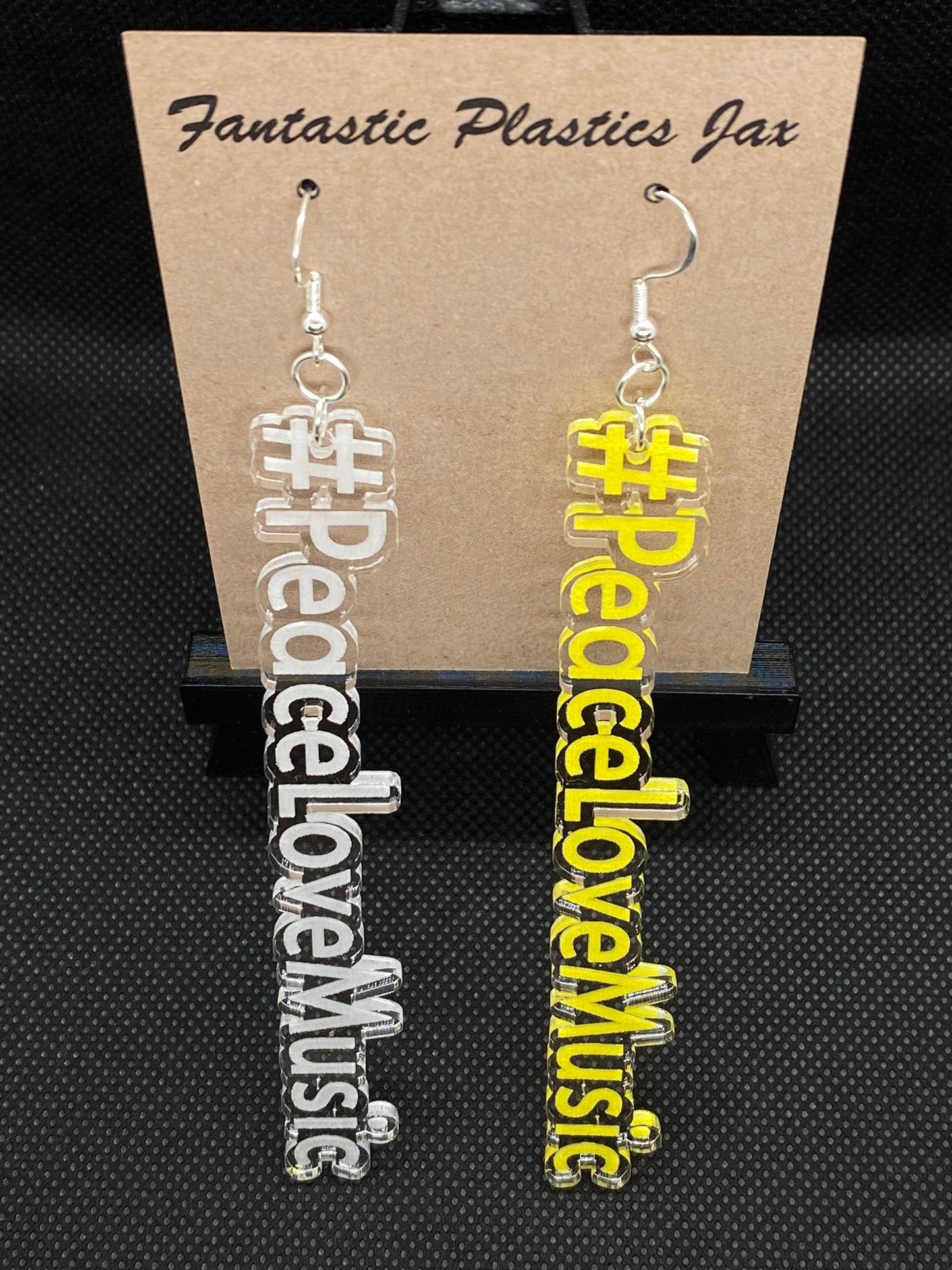 Peace Love Music Acrylic Laser Cut & Engraved Earring set/Clear AcrylicEarrings available with 21 hand painted colors/Glowforge
