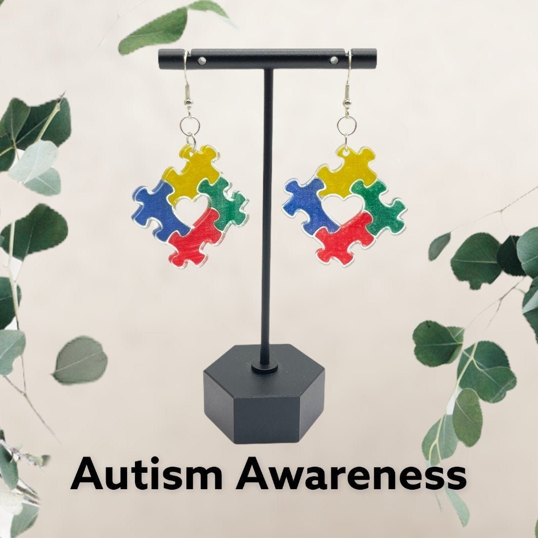Autism Awareness Square Puzzle Piece Earrings Laser Cut & Engraved /Proceeds Donated/Clear Acrylic Earrings Hand Painted/Glowforge