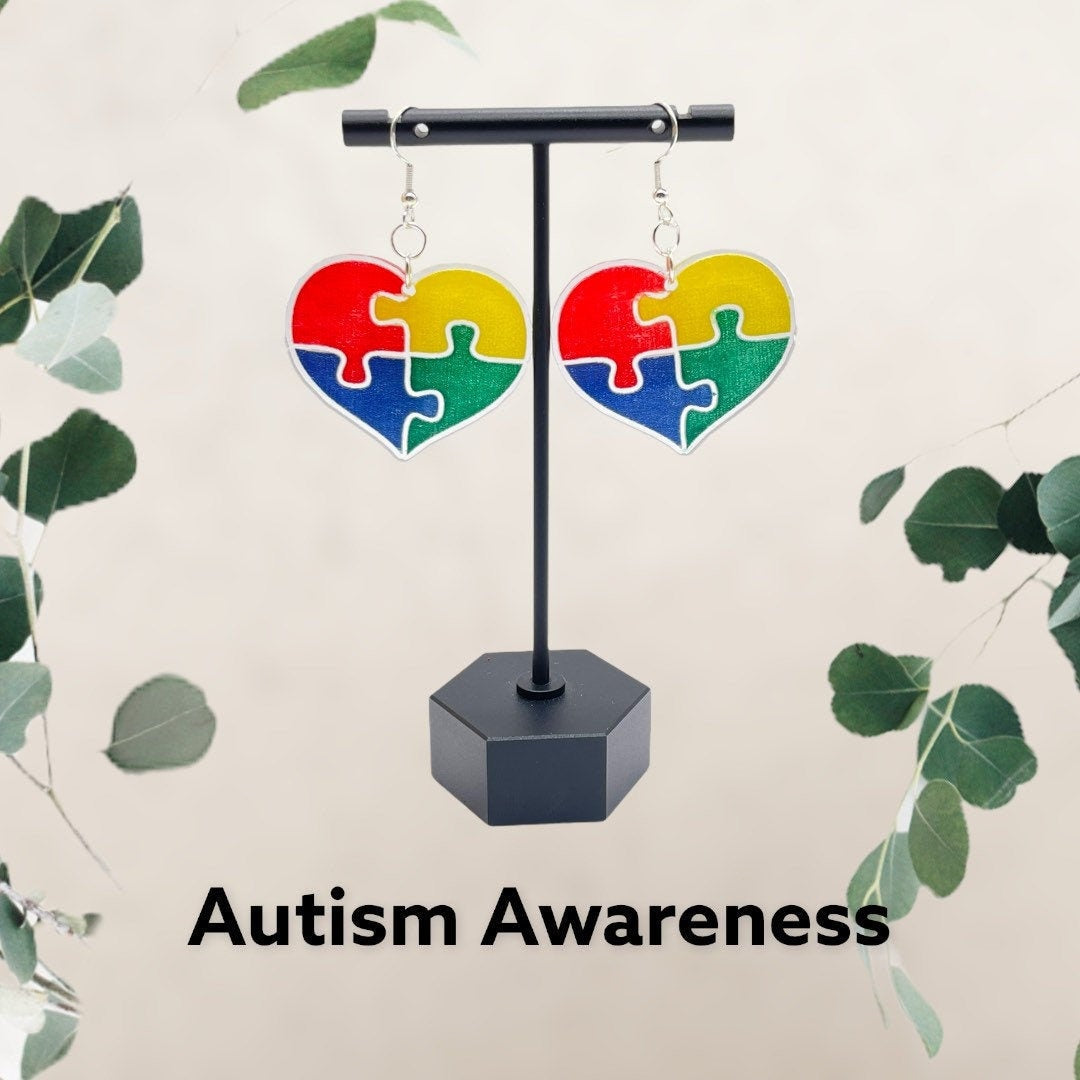 Autism Awareness Puzzle Piece Heart Earrings Laser Cut & Engraved/Clear Acrylic Earrings Hand Painted/Glowforge