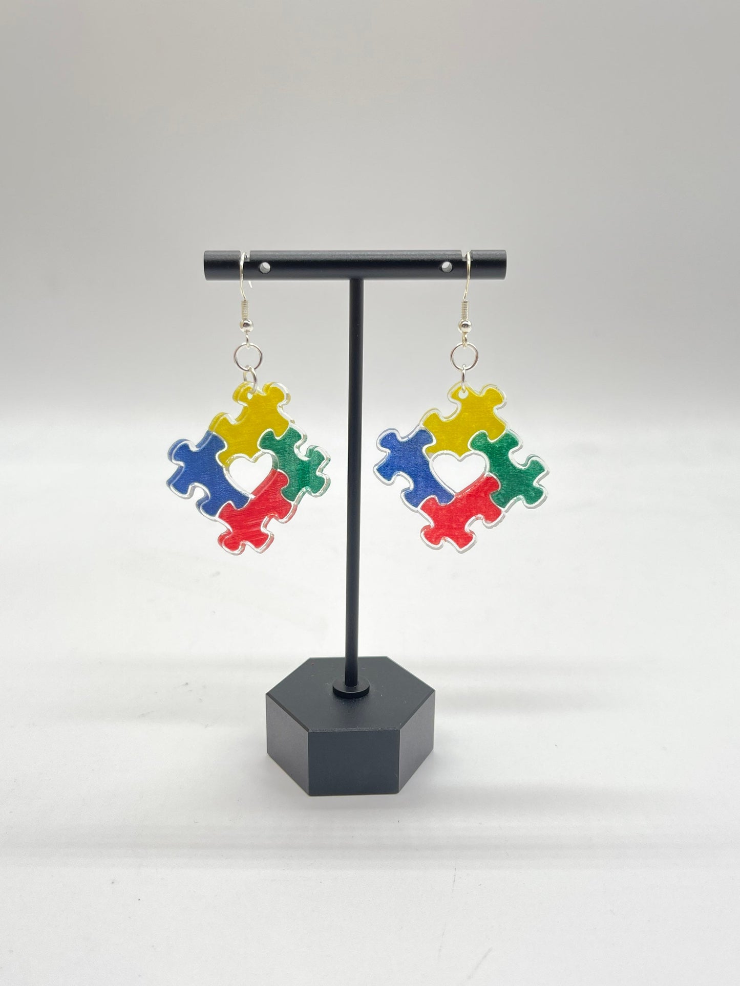 Autism Awareness Square Puzzle Piece Earrings Laser Cut & Engraved /Proceeds Donated/Clear Acrylic Earrings Hand Painted/Glowforge