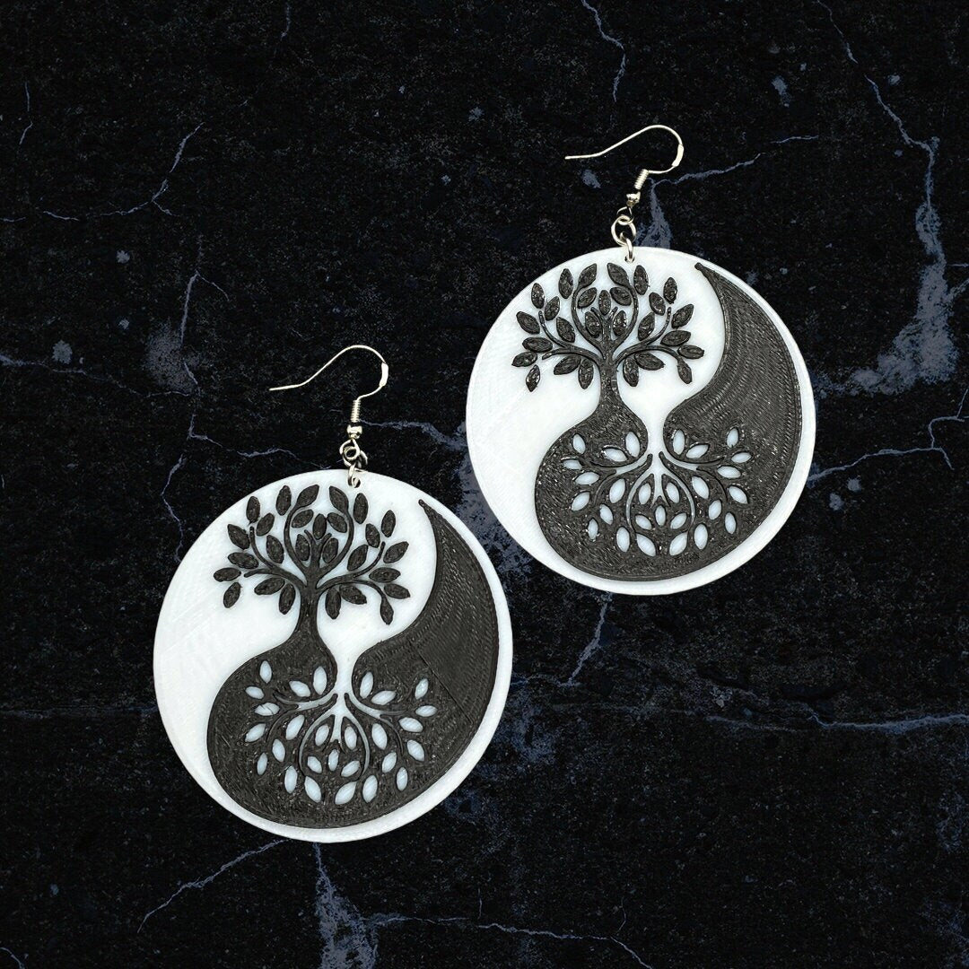3D Printed Yin an Yang Tree of Life Earrings/Custom Dual Color Earrings/ Peace, Love, Harmony.