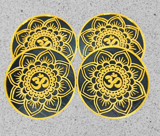 3D Printed Mandala OM Drink Coaster/Set of 4 with Free Holder/Customizable in 15+ Color Options