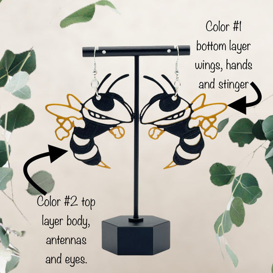 3D Printed Yellow Jacket “Buzz” Earrings (Georgia Tech Mascot)/2 SIZE OPTIONS/Custom Color Options/Dual Color