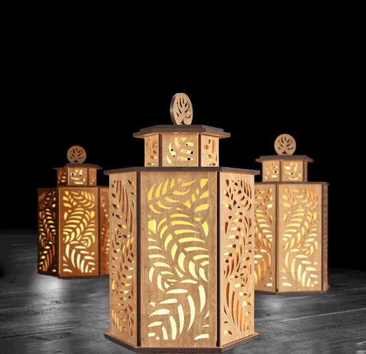 Wooden Tea-light Lantern with Tropical Leaves and Door/optional LED Pod & Remote/Perfect Gift for Wedding/Custom Wood Candle Holder